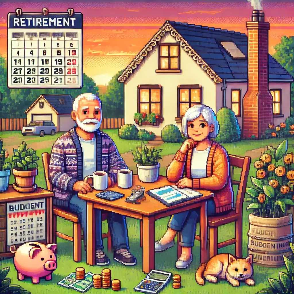 Pixel art of a happy retired couple budgeting at a table with coffee, a calculator, and a planner, surrounded by a cozy home, garden, piggy bank, computer, and cat, evoking peace and financial mindfulness.