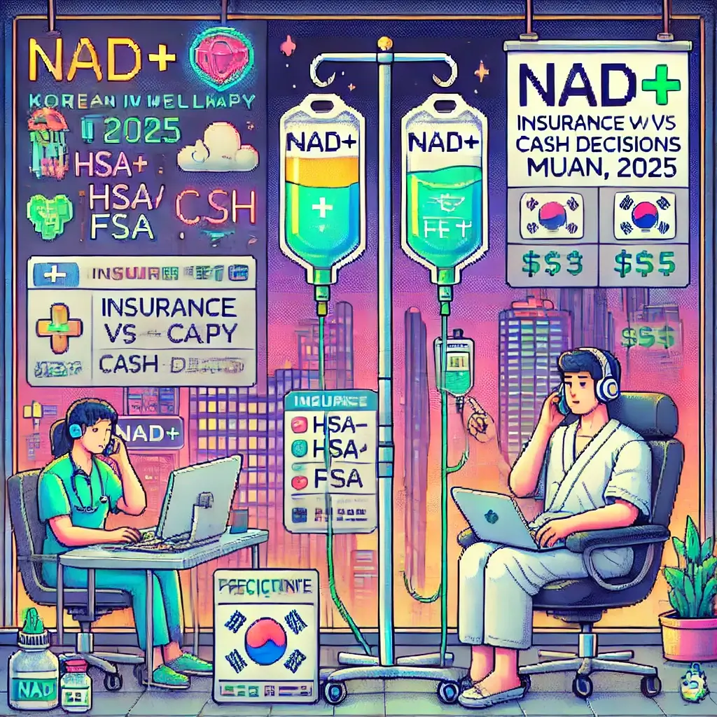 Pixel art of a futuristic Korean wellness clinic in Muan, featuring NAD+ IV therapy chairs, glowing infusion bags, nurses, laptops, and price boards — illustrating IV infusion pricing, insurance pre-authorization, and clinic vetting checklist.