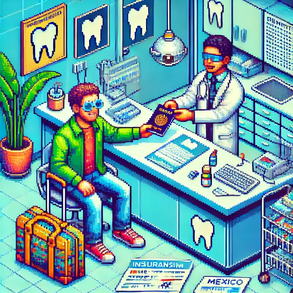 Pixel art of a traveler in Mexico holding dental tourism insurance documents, passport, and invoices at a clinic counter with travel bags nearby.