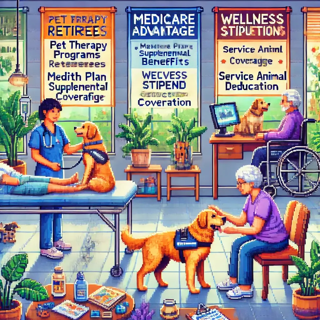 Pixel art of an elderly patient in physical therapy with a therapy dog, symbolizing pet therapy programs, AAT documentation, and service animal deductions.