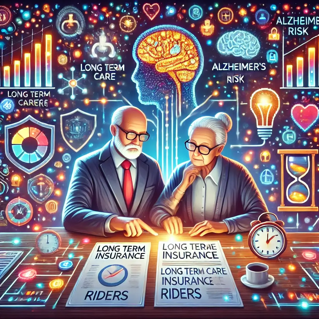 Pixel art of two founders analyzing long term care insurance riders with Alzheimer’s risk icons like shield, brain, and clock glowing around charts.