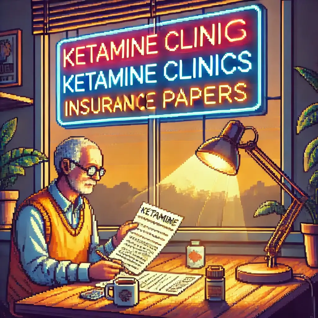 Pixel art of a retiree reviewing ketamine clinics insurance papers with a glowing clinic sign outside the window.