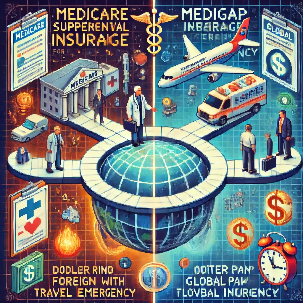 Pixel art of a retiree balancing Medicare, Medigap, and Global Insurance between U.S. and Europe, symbolizing Medicare Supplemental Insurance arbitrage abroad.